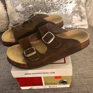 Dark Brown Pierre Dumas Suede Buckle Sandal Size 7